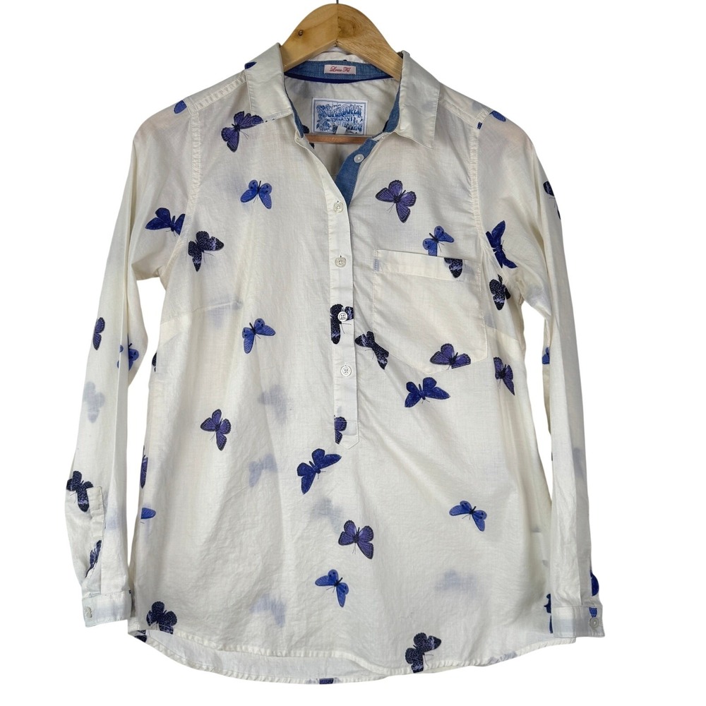 Joules Superduper Shirt Womens‎ 6 Cream Butterfly Print Button Casual Novelty
